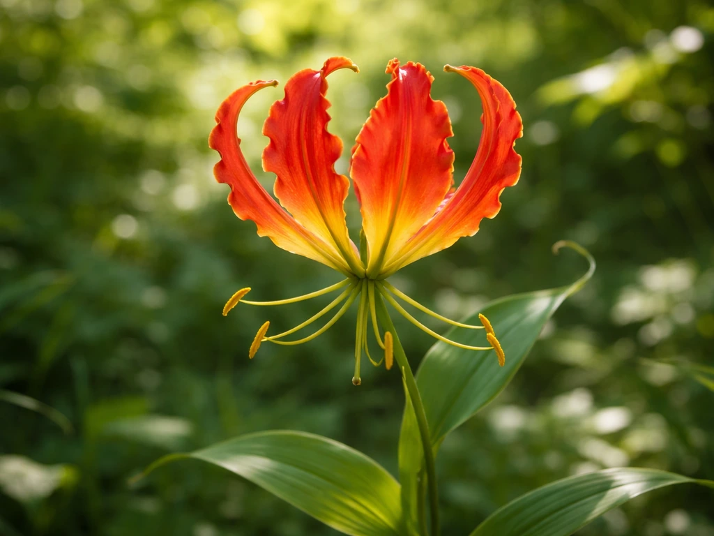 Flame lily in bloom with vivid orange-yellow petals amid lush green foliage in dappled sunlight.
