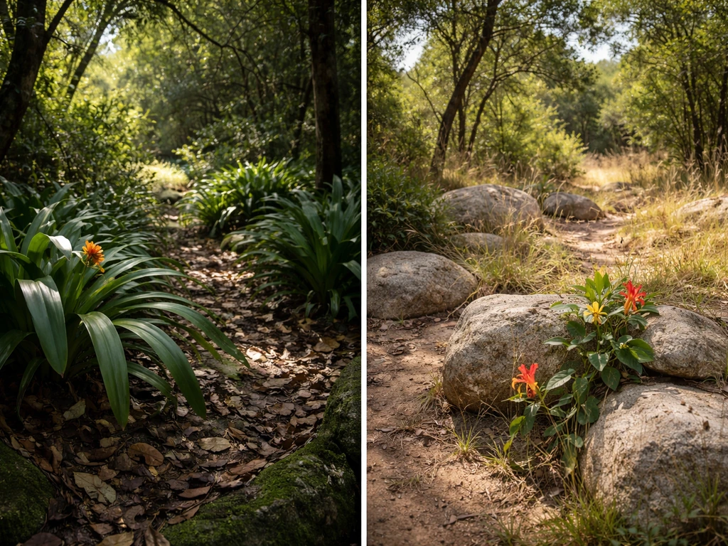 Forest understory plants on one side and rocky South African grassland terrain on the other.