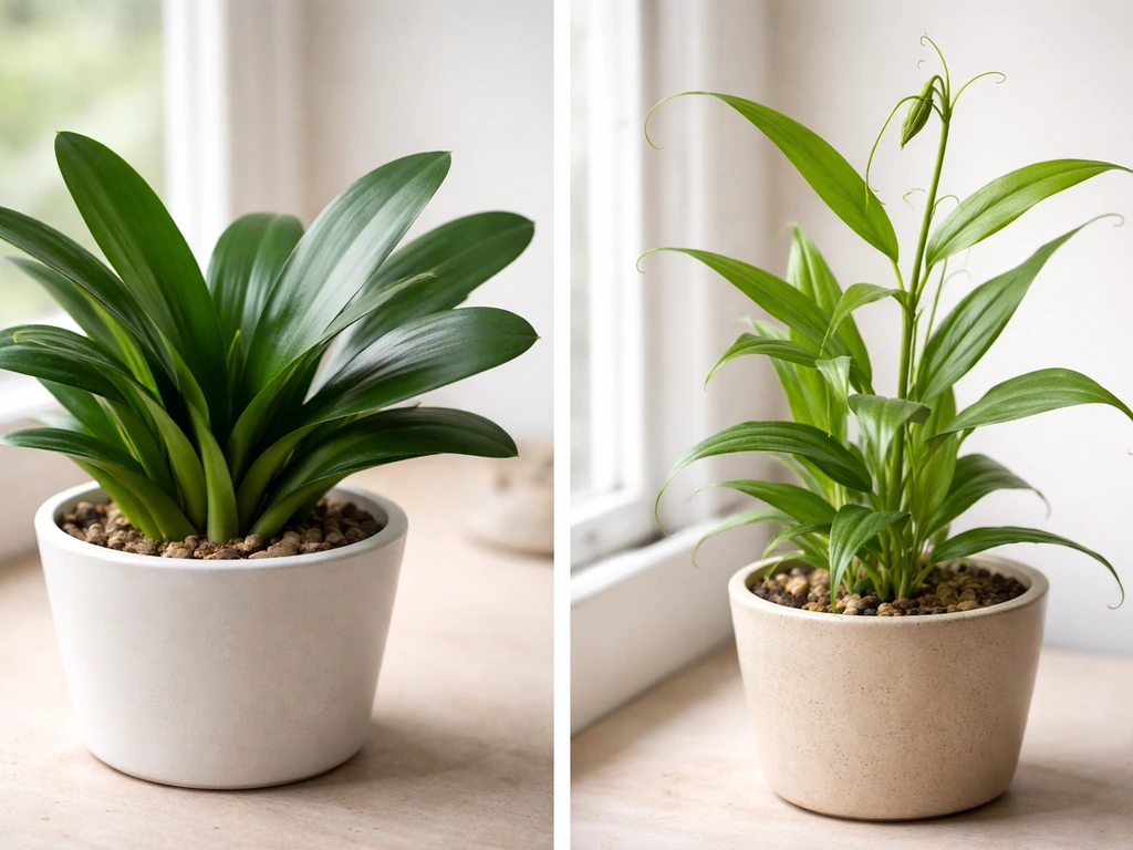 Two neighboring indoor plants—Clivia-like and Gloriosa-like—with noticeably different leaves and stems in soft shade.