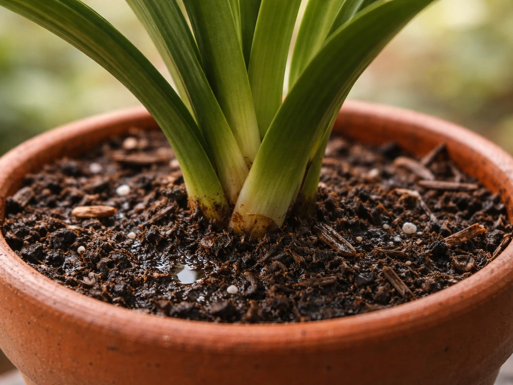Clivia miniata in a pot with leaf-mold style, moisture-holding well-draining soil and a few droplets.