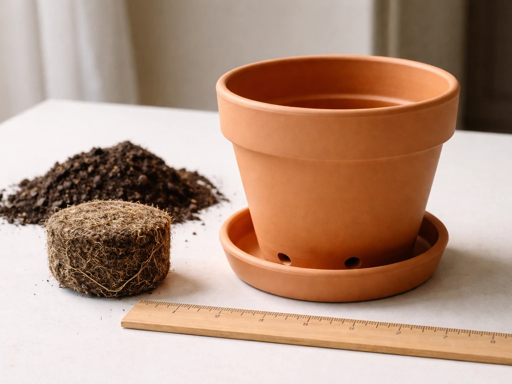 Terracotta pot with drainage holes separated from saucer, root ball and ruler showing correct size.