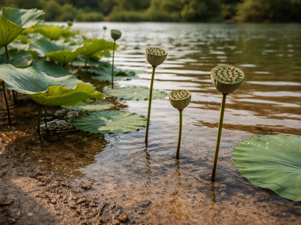 Warm shallow lotus pond with muddy substrate, lotus leaves, and visible seed pods on stalks.