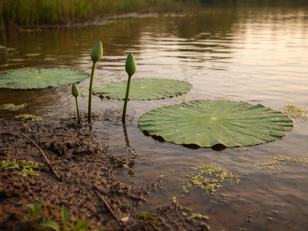 Shallow muddy pond edge with emergent sacred lotus stalks and large circular leaves.