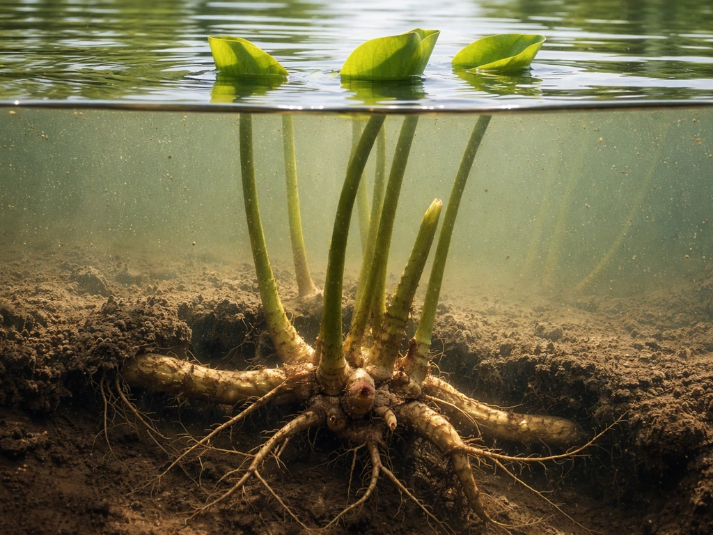 Close-up cross-section of lotus rhizome in pond mud with stalks rising through clear water to the surface