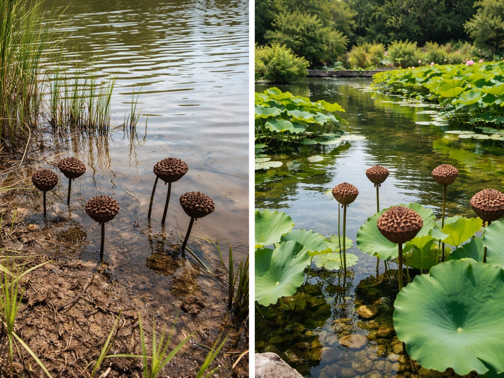 Split scene showing wild lotus pods on a marsh shoreline and cultivated lotus pods in a garden pond