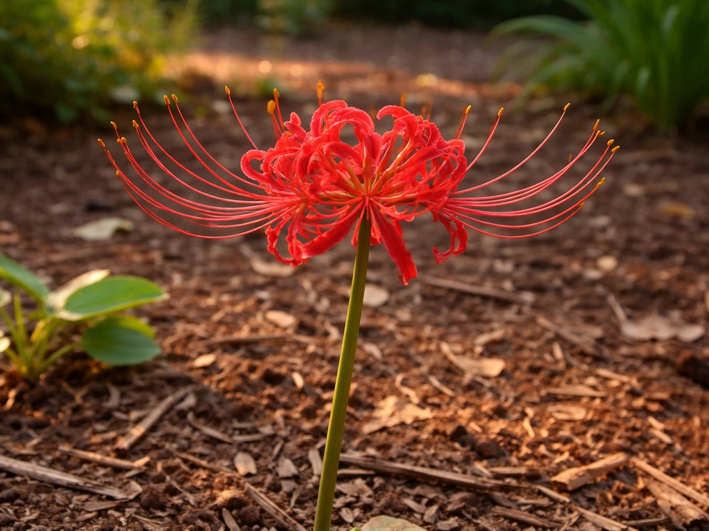 Vivid red spider lily blooms in a Texas garden with warm sunlight and simple greenery.