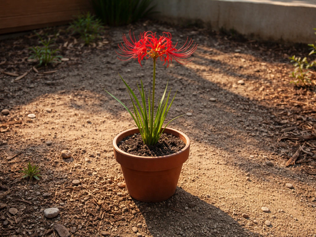 Close view of a potted Lycoris radiata-like red flower beside sunlit soil in a hot Texas-style garden