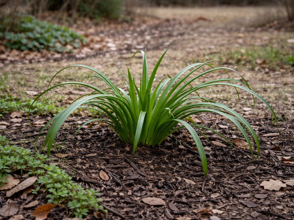 Spider lily leaves persisting through winter in a mulched Texas yard, cool-season foliage intact.