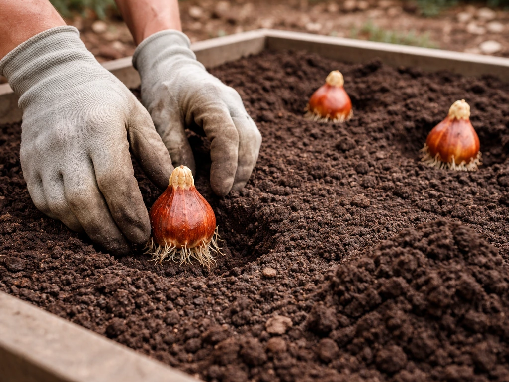 Gloved hands set red spider lily bulbs into prepared soil at correct depth in a raised bed.
