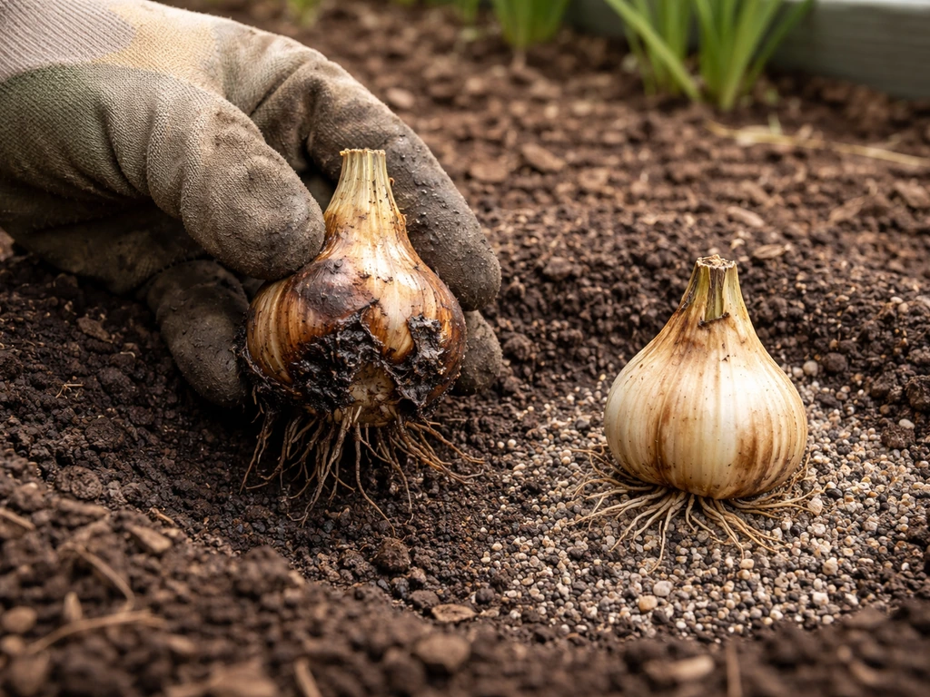 Gloved hands holding a rotting spider lily bulb beside a firm bulb in well-drained soil.