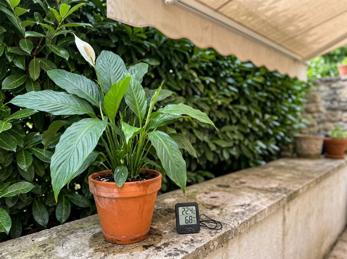 Peace lily outdoors in indirect light with wind shelter and temperature monitor nearby