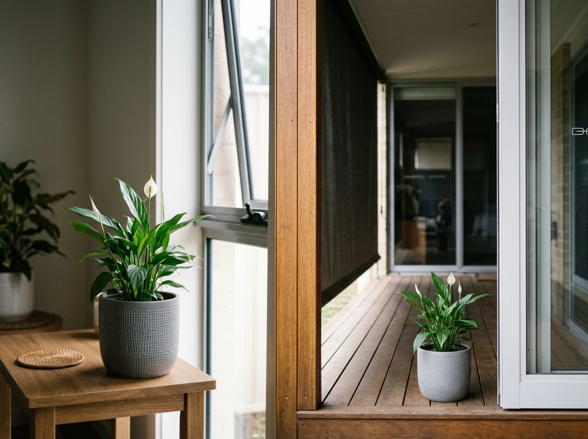 Peace lily acclimating near a doorway to avoid sudden sun and drafts