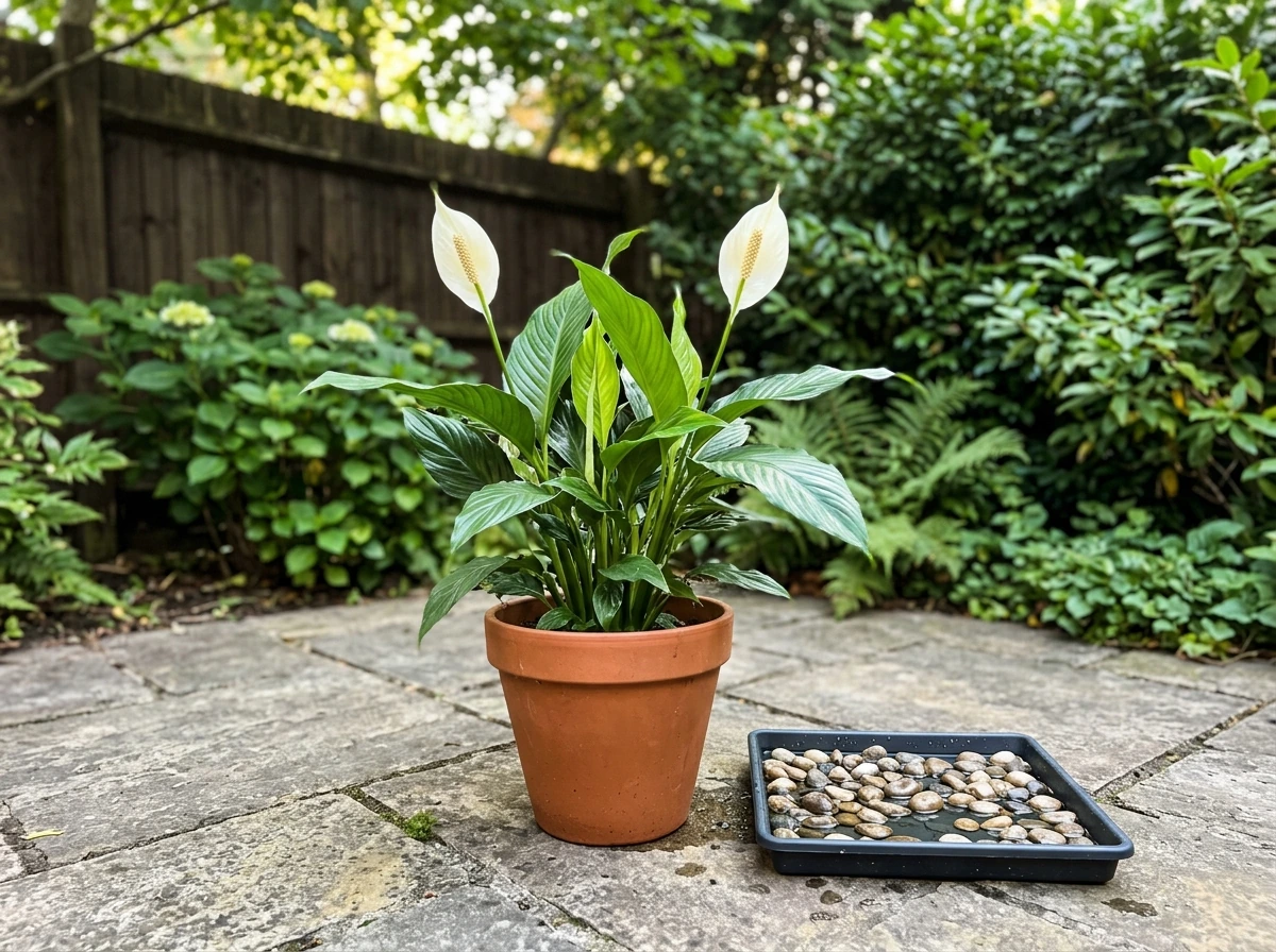 Peace lily flourishing outdoors in summer shade with new growth and nearby humidity tray