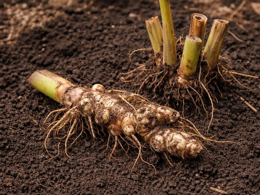 Dug-up canna rhizome on soil beside a cut-back canna stump, showing rhizome-based regrowth.
