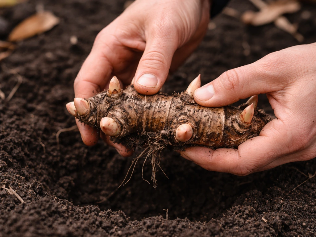 Gardener’s hands gently squeezing a canna rhizome to check firmness and growth points