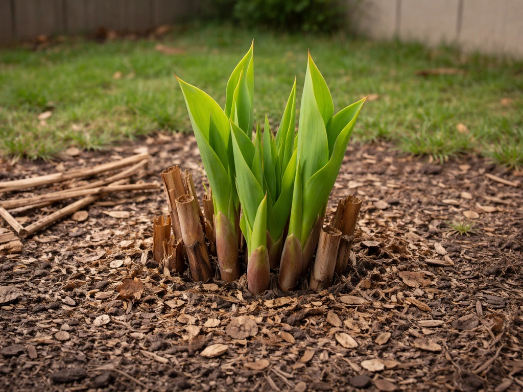 Canna lily plant in an outdoor garden bed with mulch and faint winter dead leaves, protected by light cover.