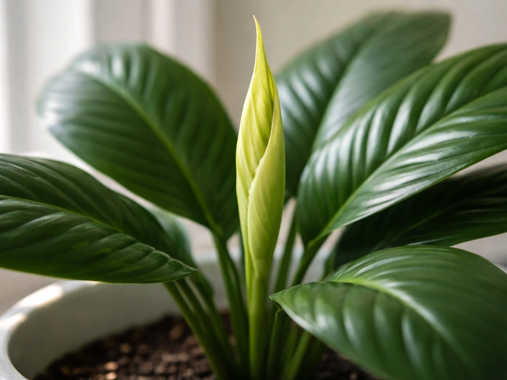 Close-up of a peace lily with a fresh leaf spear emerging from the center of the plant.
