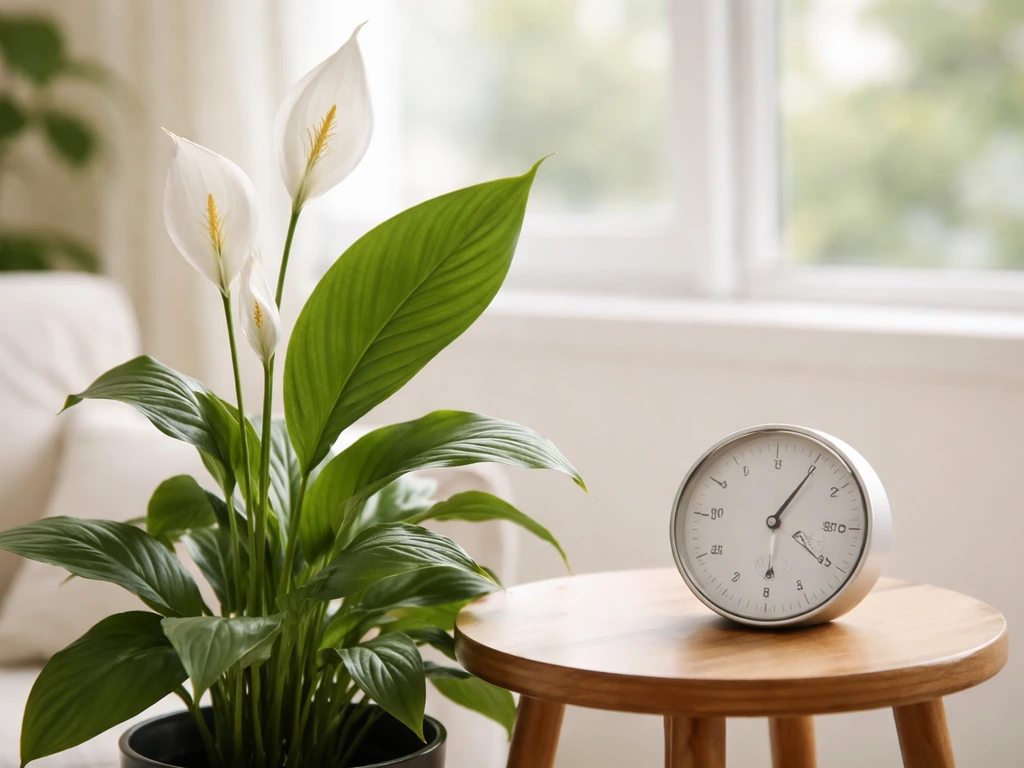 Peace lily near a window with an anonymous thermometer/hygrometer on a small table nearby.