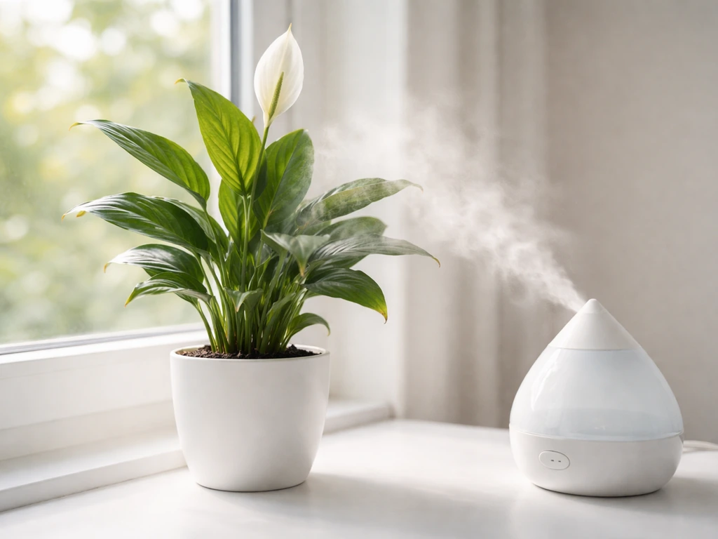 Peace lily with brown leaf tips near a small humidifier on a windowsill