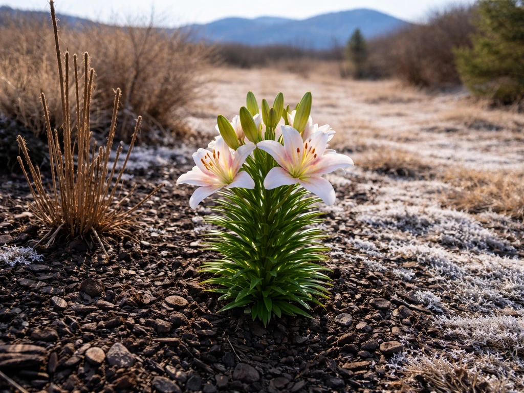 Lily blooms thriving in a Colorado garden bed, stems emerging through mulch with distant mountains behind.