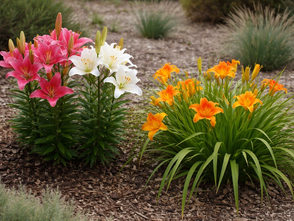Hardy lily blooms and lily-shaped daylilies growing together in a Colorado garden bed.