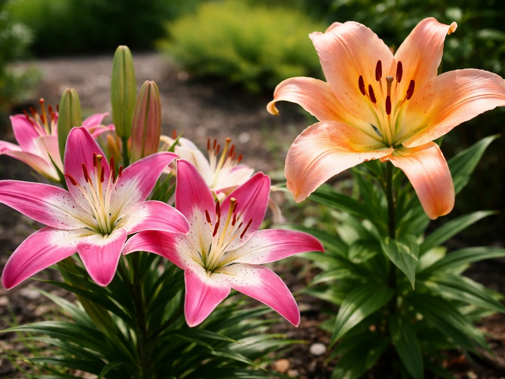 Close-up of Asiatic and Orienpet/Oriental lily blooms in a Colorado garden with green foliage behind