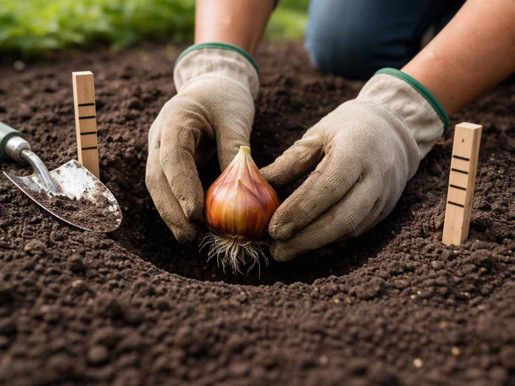Gardener’s hands place an Asiatic lily bulb into garden soil at about three times its height depth.