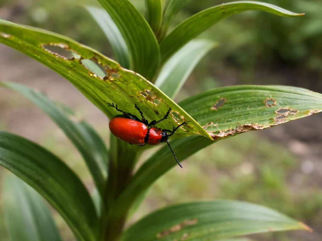 Close-up of a red lily beetle on lily leaves showing feeding damage and holes.