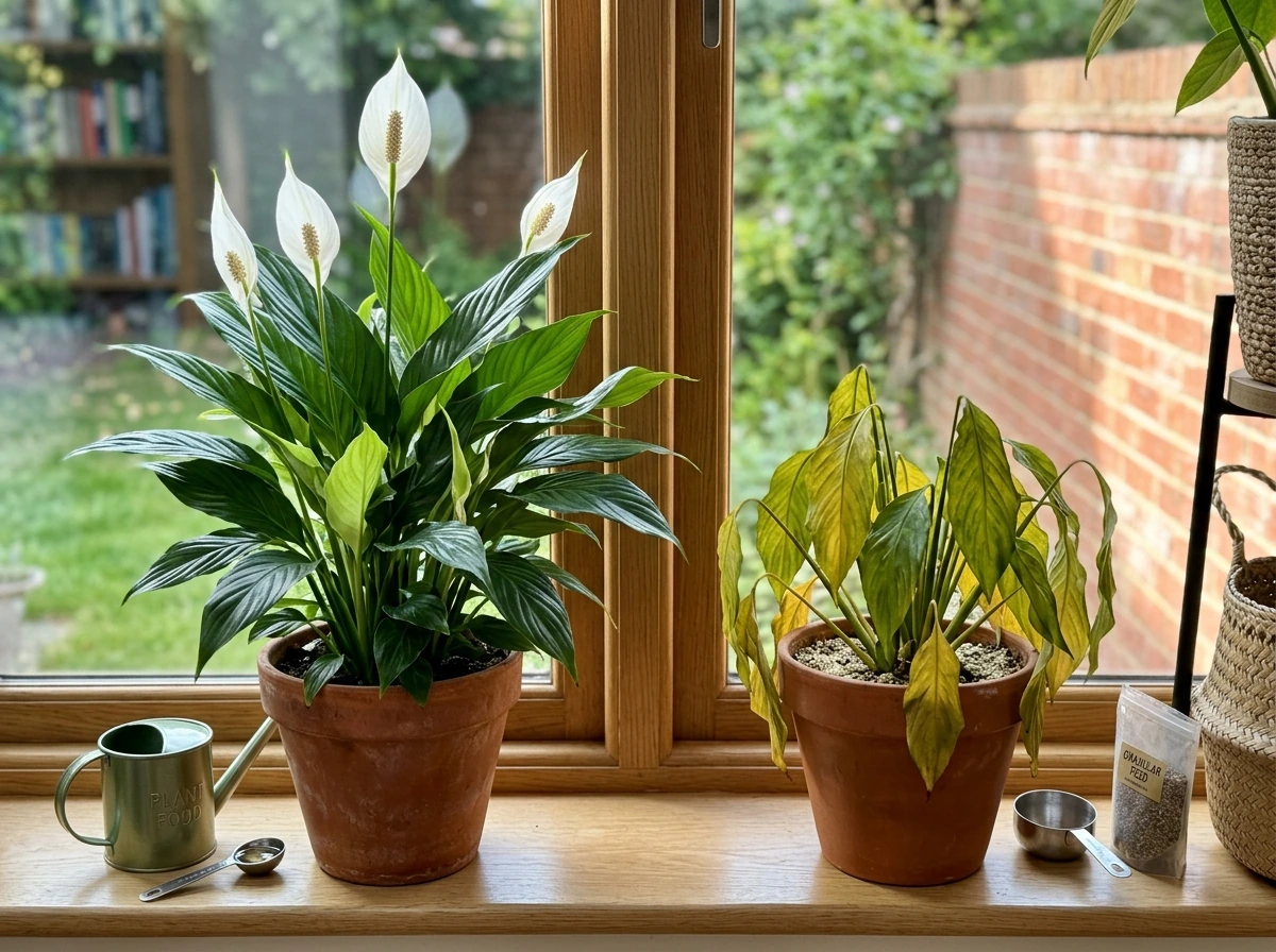 Peace lily thriving vs struggling after feeding in different conditions