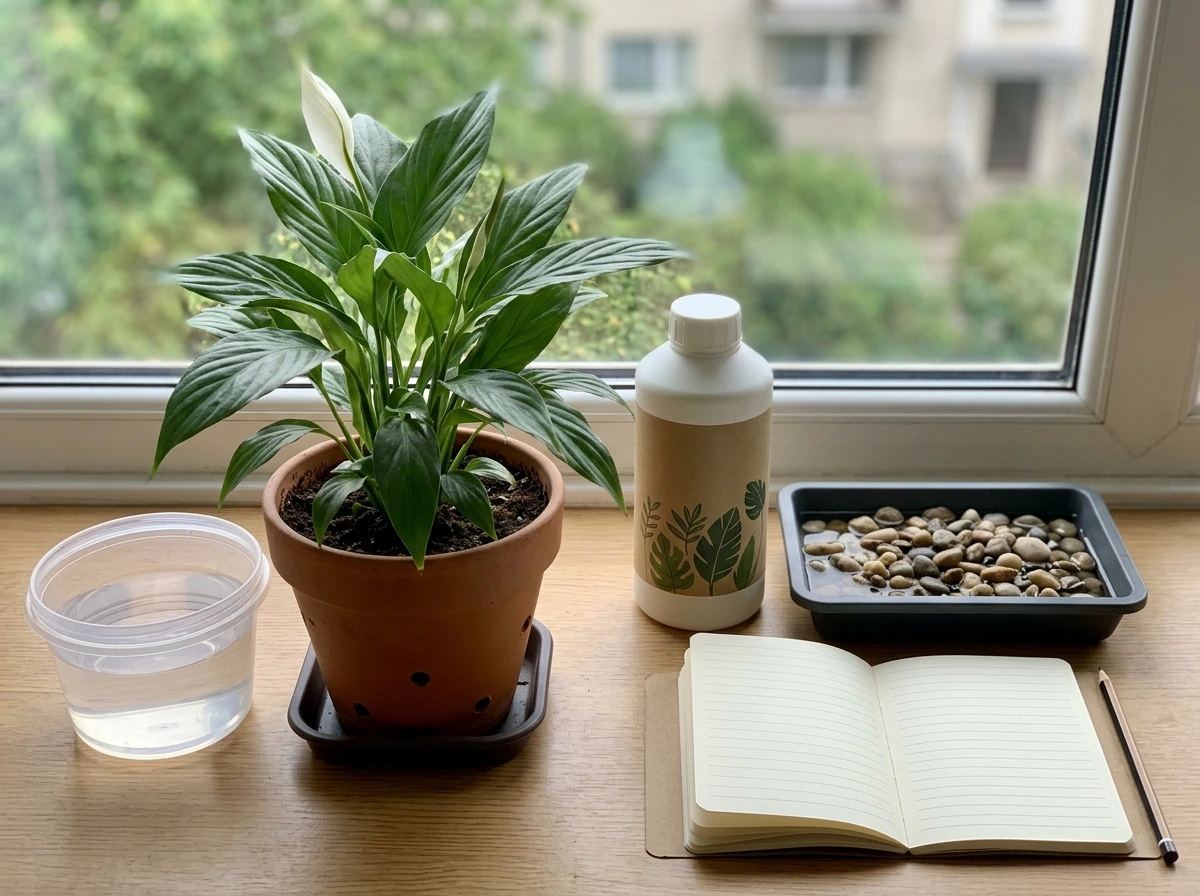 Care checklist items and alternative feeding setup for peace lily