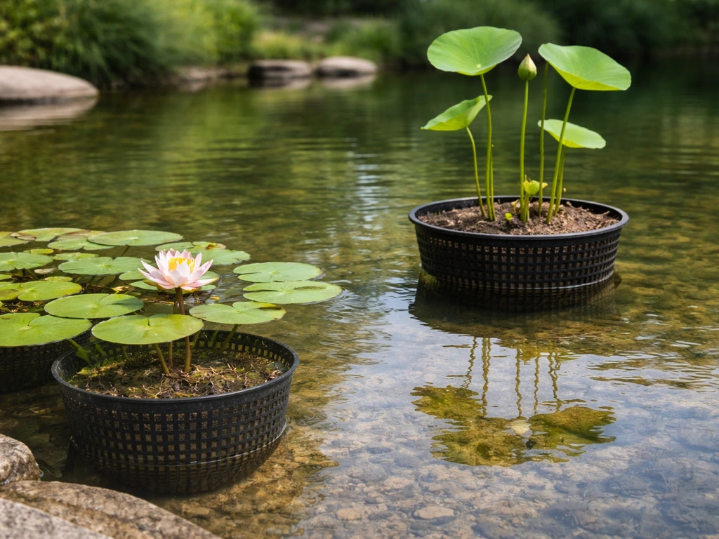 Water lilies and lotus thriving in the same pond, with separate container setups implied along the edge.