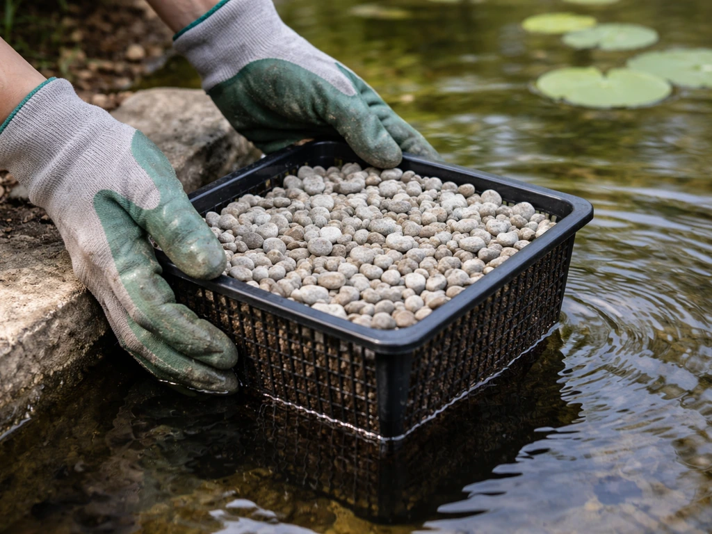 Close-up of a pond water lily planting basket with loam and washed gravel being lowered into water