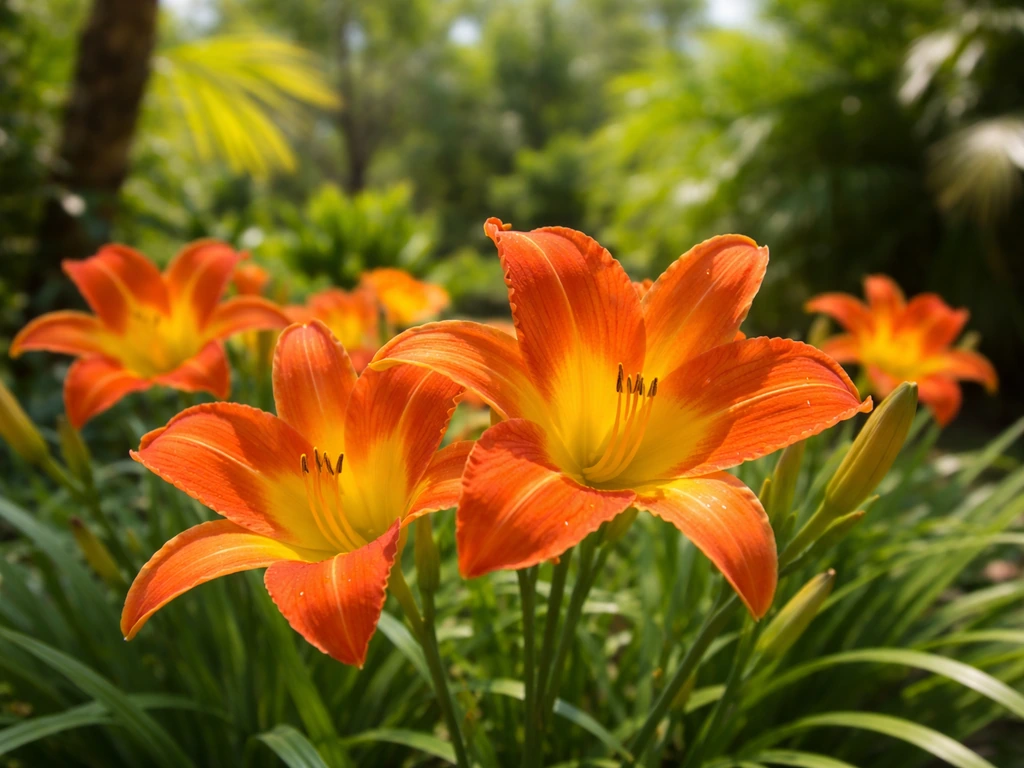 Vivid daylilies blooming in a warm Florida garden with lush green foliage in soft background.
