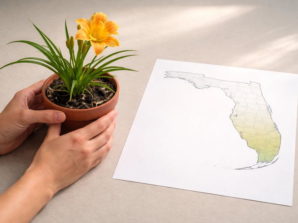 Hands placing a small potted daylily near a simple outline map of Florida with shaded zone areas