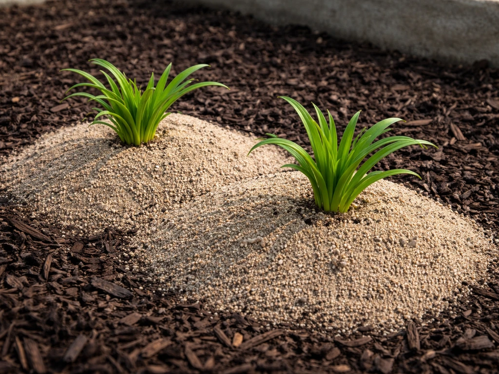Close-up of daylilies planted on a raised, well-draining mound in sandy soil with dark mulch