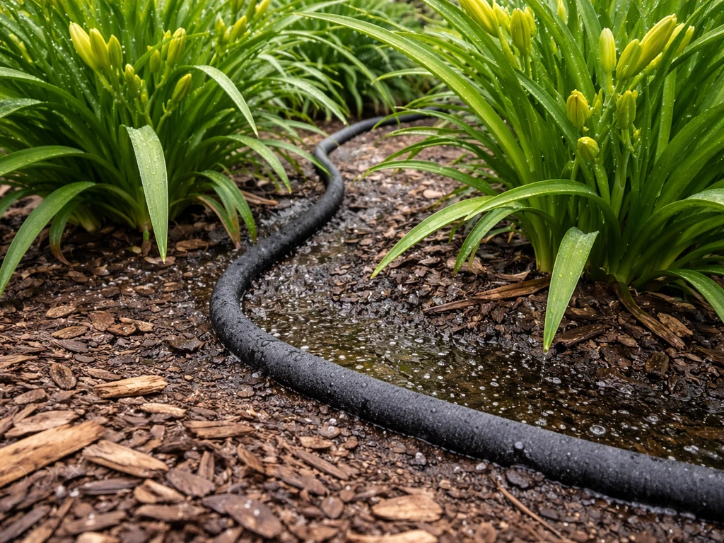 Soaker drip line watering daylilies with moist soil around the roots in a simple garden bed.