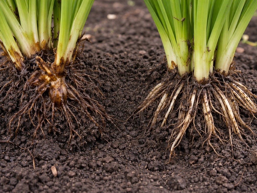 Split close-up of daylily crowns: one rotted and mushy, one healthy and firm, in soil