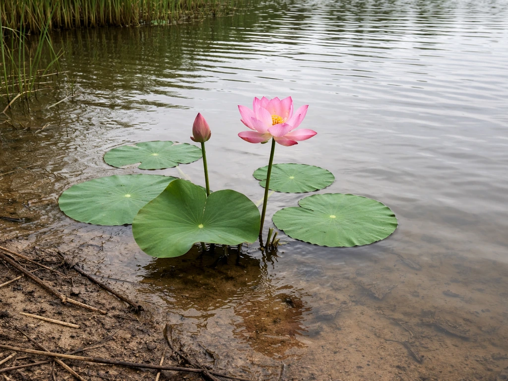 Pink lotus blossoms and green leaves at the edge of a swampy wetland with muddy substrate and still water
