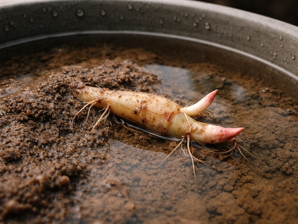 Close-up lotus rhizome buried in rich silt/loam-clay substrate with shallow water at the correct depth.
