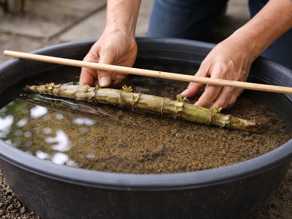 Lotus rhizome planted in a wide shallow container with water, submerged and ready to grow.