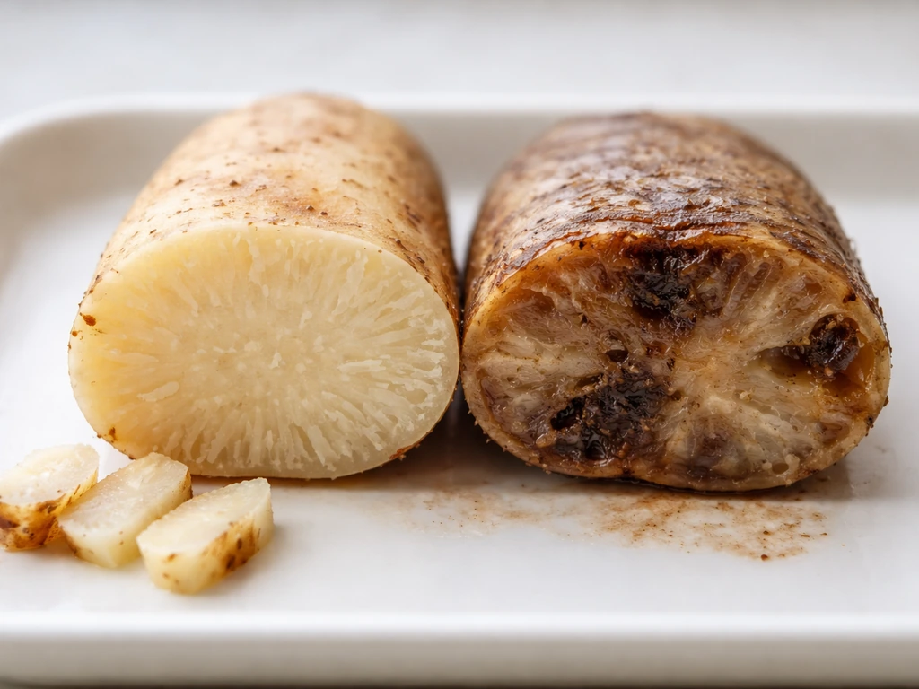 Close-up of a lotus rhizome on a tray showing healthy pale fibers beside dark rotting sections.