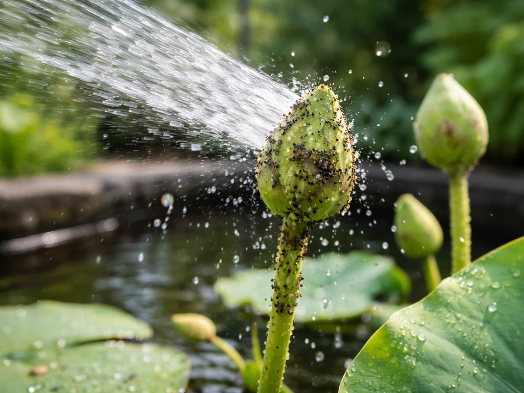 Lotus buds with aphids as a water hose sprays droplets, knocking insects off new growth.