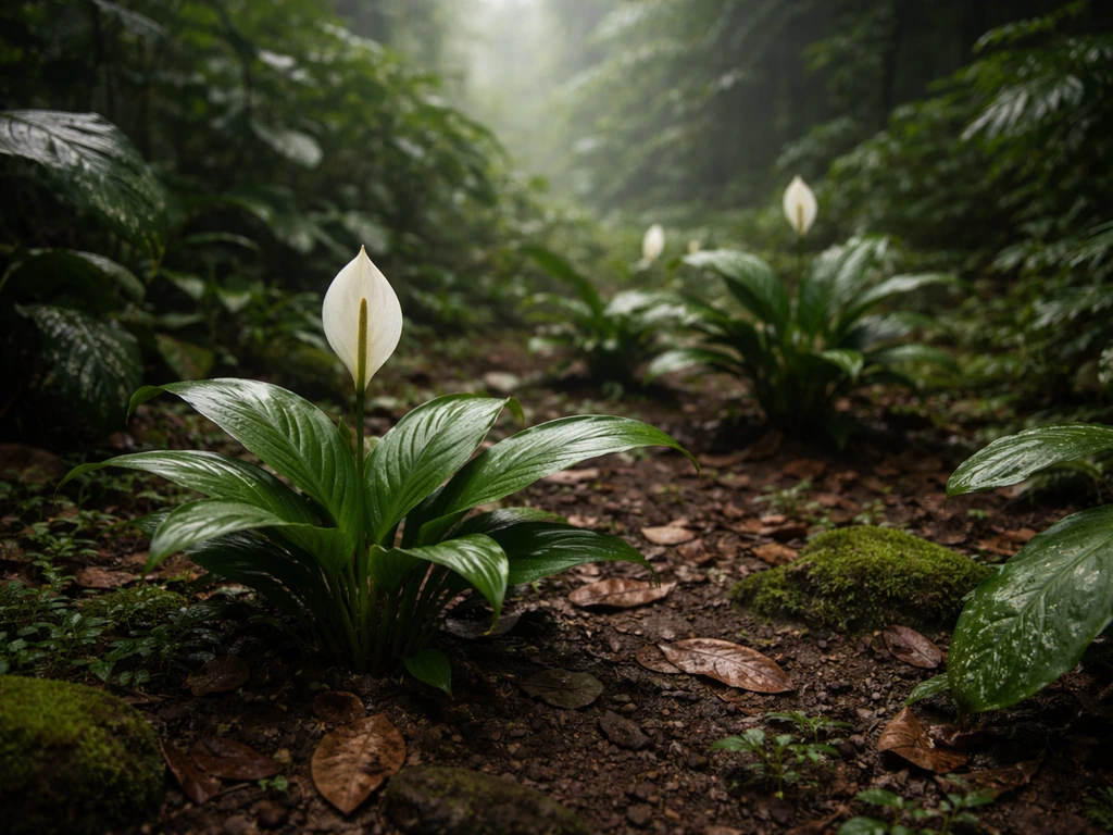 Peace lily plants growing in a shaded tropical forest understory on moist soil and leaves.