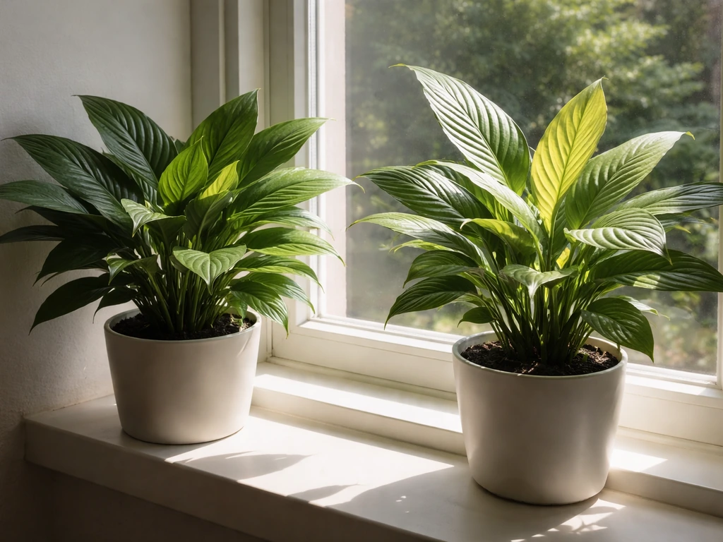 Two peace lilies by a window, one in bright indirect light and one in harsher direct sun.