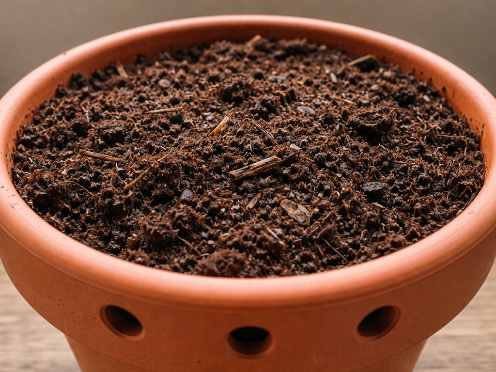 Close-up of peat-and-bark potting mix in a terracotta pot with drainage holes visible.