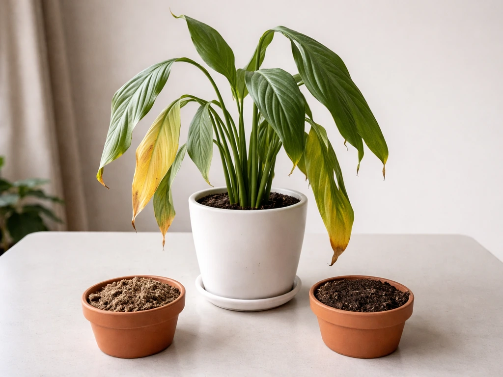 Peace lily leaves drooping and yellowing beside a pot with damp vs dry soil to suggest underwatering or overwatering.