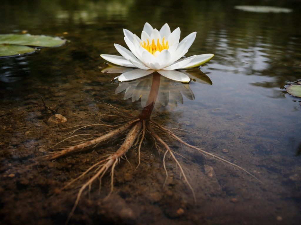 White water lily sprouting from muddy pond substrate with roots anchored below the waterline.