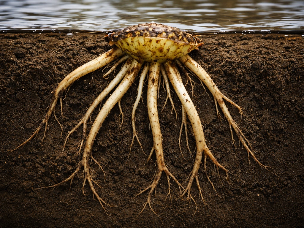 Close-up of a water lily rhizome/crown anchored in dense aquatic mud with roots gripping below the waterline.