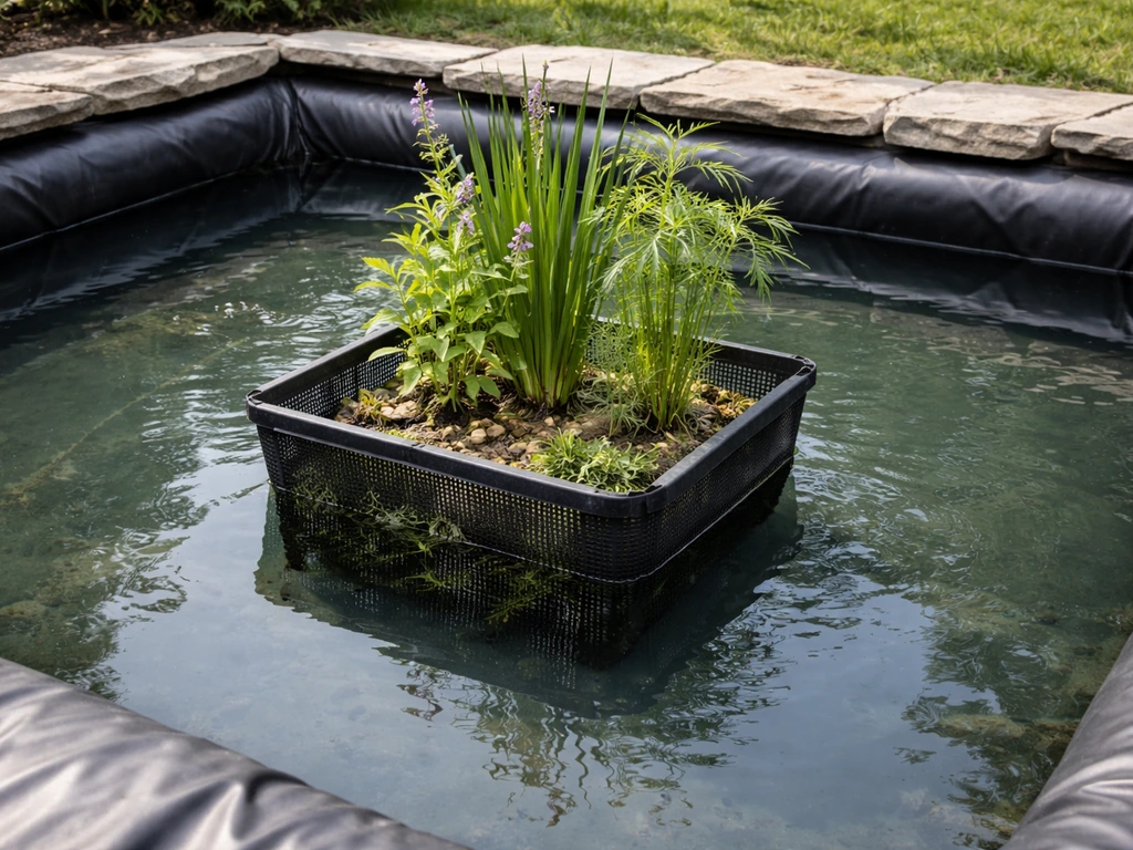 Close view of a backyard rubber-lined pond with an aquatic mesh basket holding plants, no visible sediment