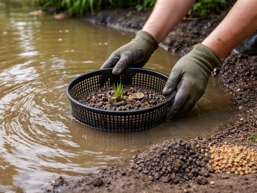 Hands lowering a planting basket into a muddy pond while positioning a rhizome at the right depth